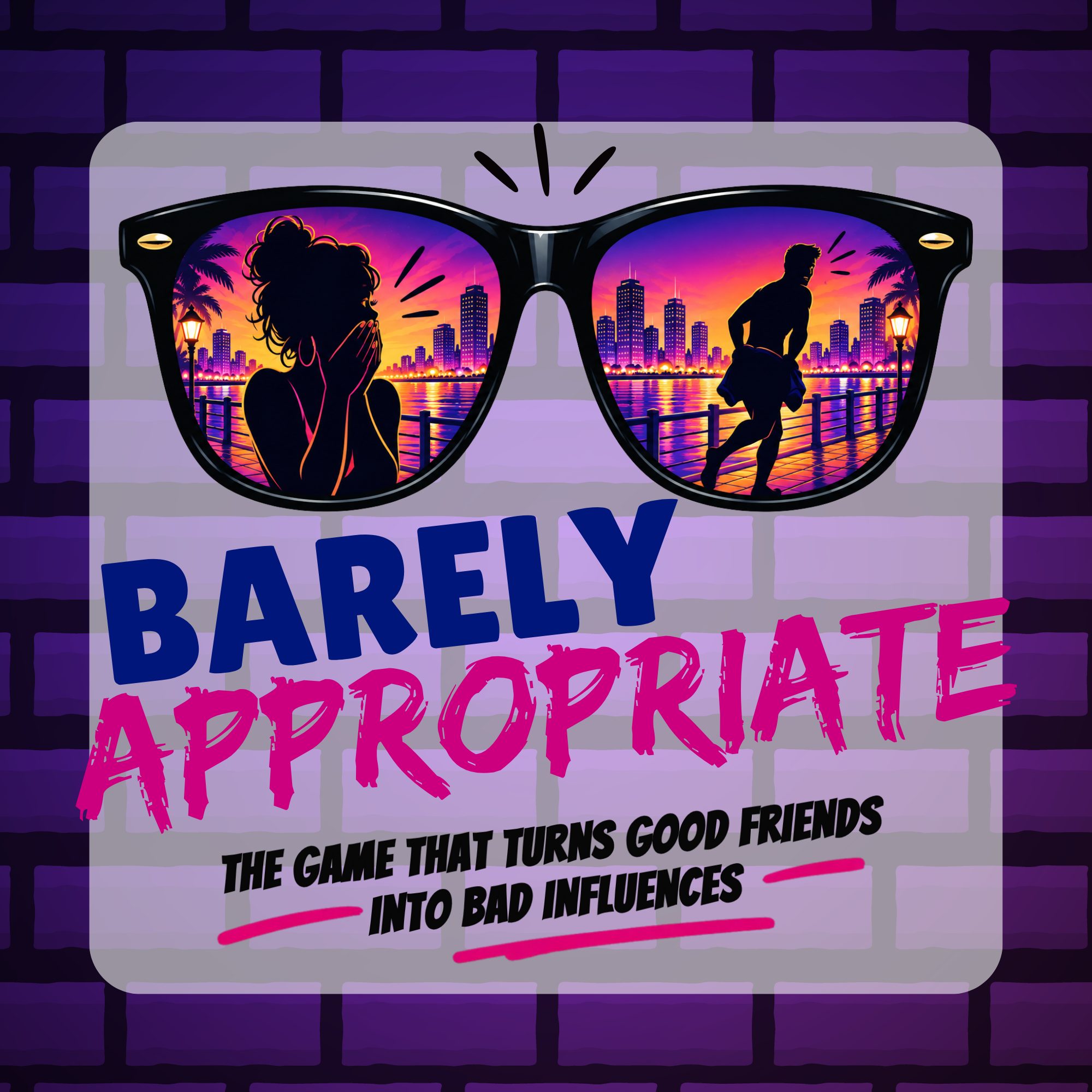 Barely Appropriate official logo: sunglasses, sunset scenes and the tagline The game that turns good friends into bad influences
